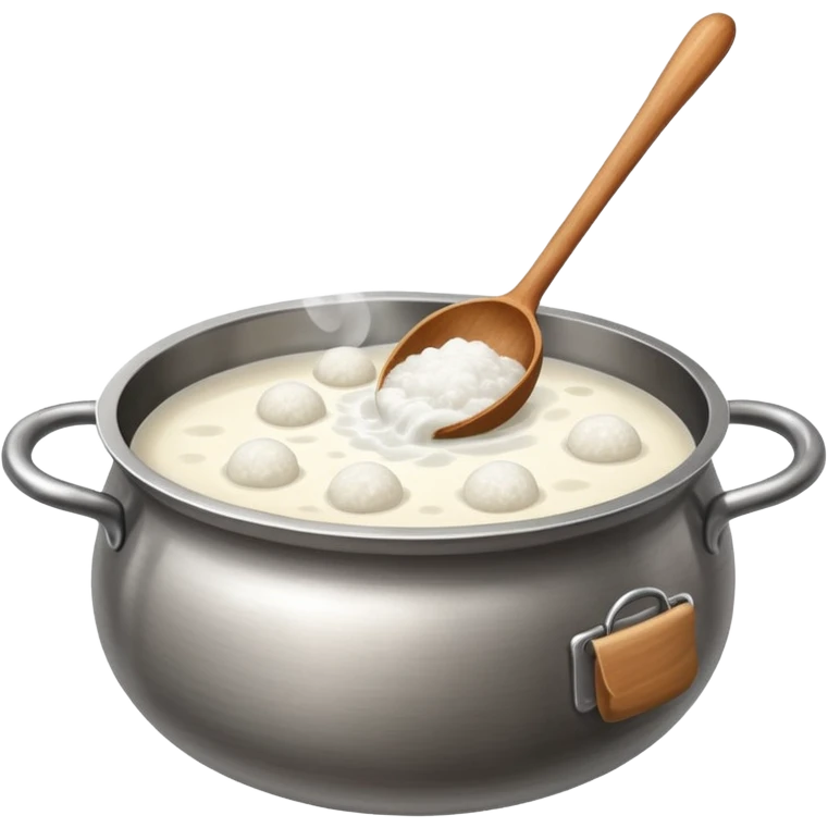 deep stainless steel pot with boiling clear water and floating glutinous rice flour balls and wooden spoon emoji