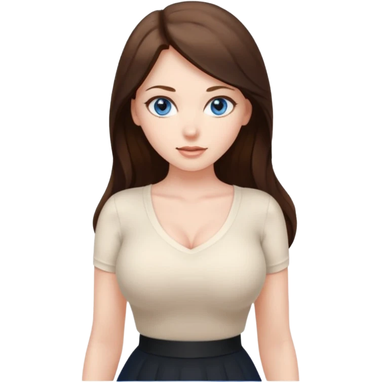 sexy woman brunette, very large breasts, pale skin, blue eyes, long brown hair, tight white blouse, short black skirt. office.  emoji