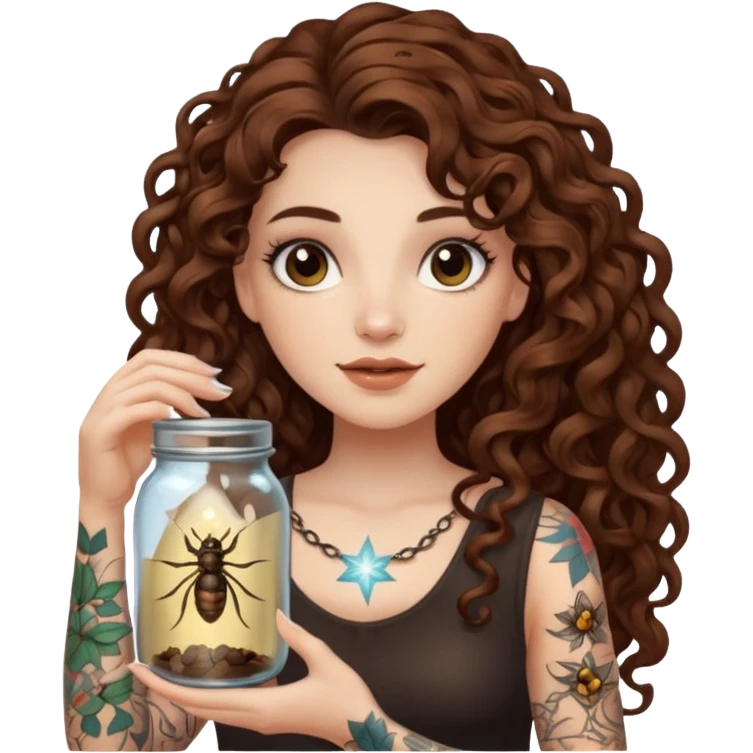 woman with long curly brown hair, brown eyes, white skin, tattoos, holding a jar of captured starlight insects emoji