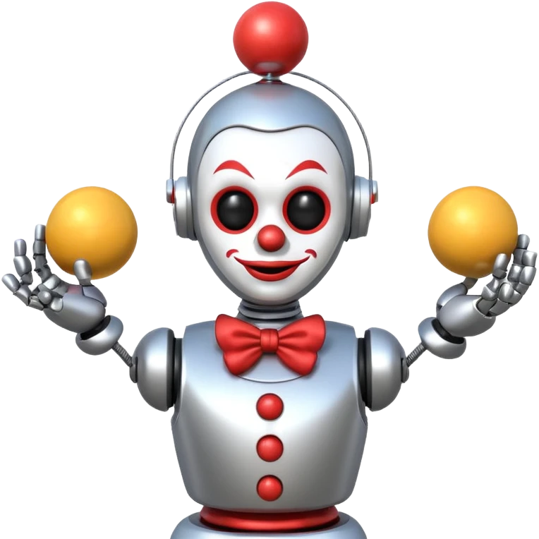 a Circus clown robot juggling two metal ball emoji