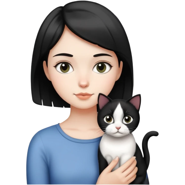A short-haired girl holding a black and white cat emoji