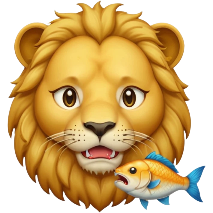  A lion eating a fish, feeling sad, cry, tear falling from eyes, portrait, bust up emoji