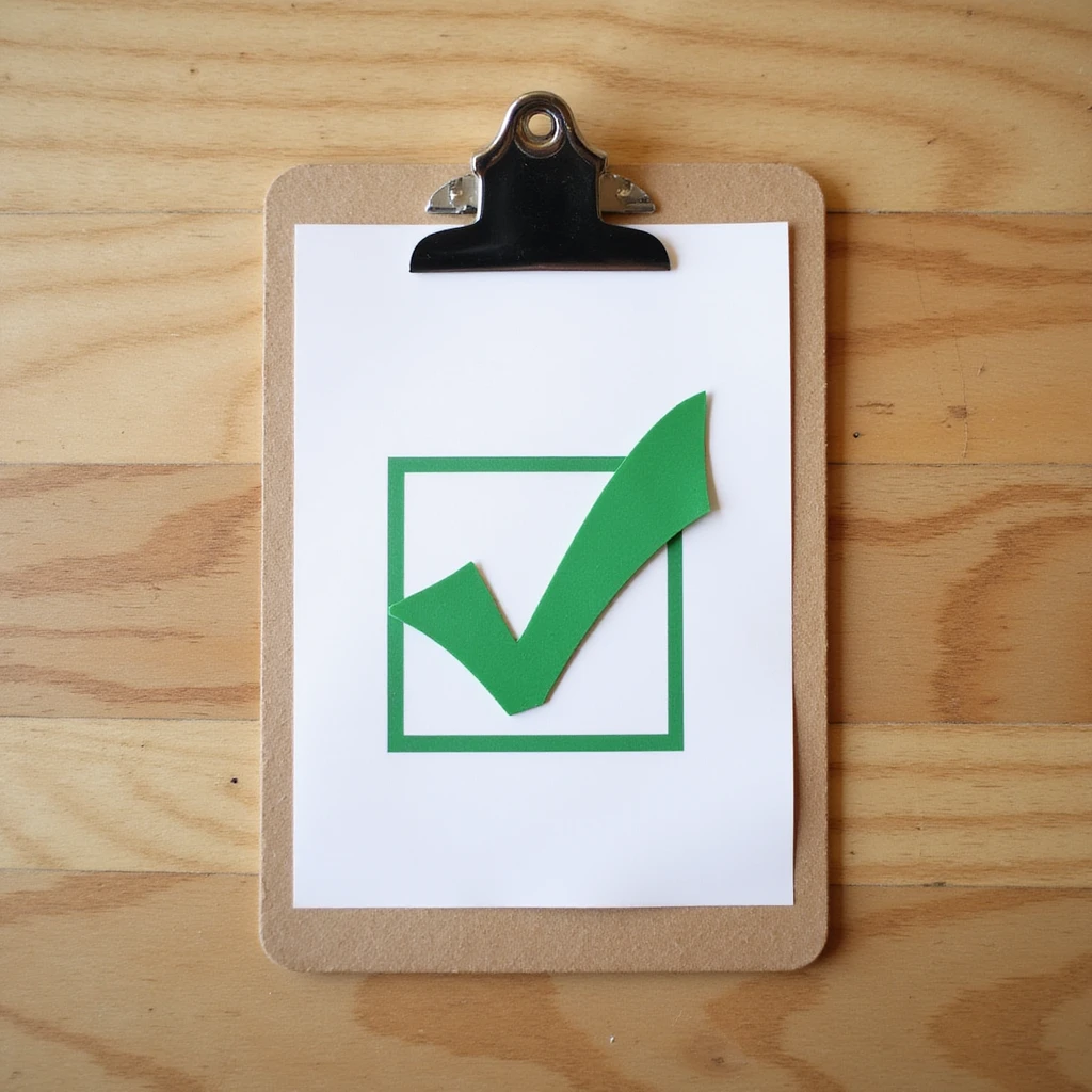 a realistic clipboard with a single checkmark, wood texture, green checkmark emoji