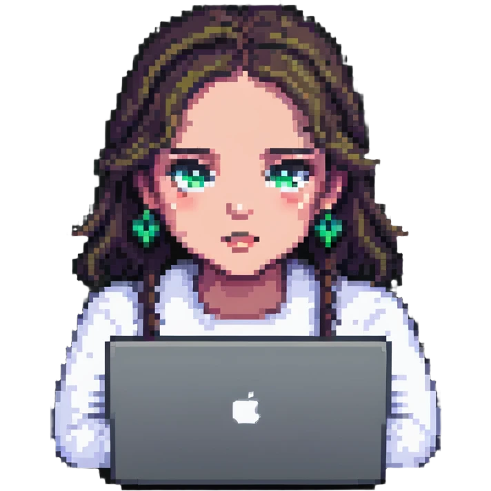 a girl's face working behind a MacBook, pixel art style emoji