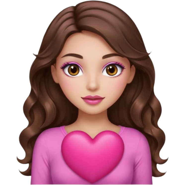 girl with long wavy brown hair, brown eyes, long lashes makeup, sexy pink lips, light to medium complexion, wearing a pink sexy top, holding a big heart emoji
