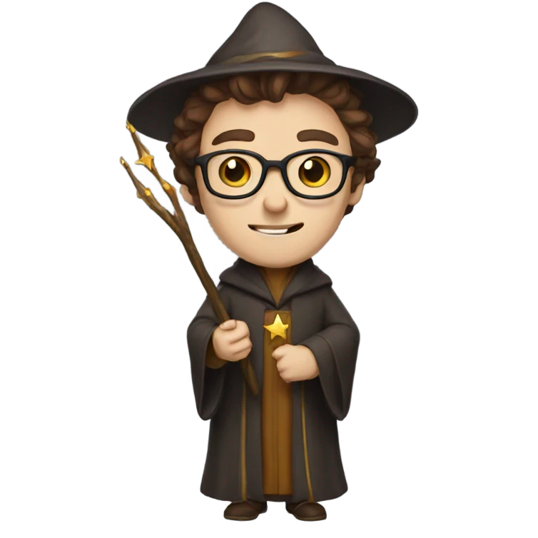 wizard with brown hair, no beard and glasse holding a wand emoji