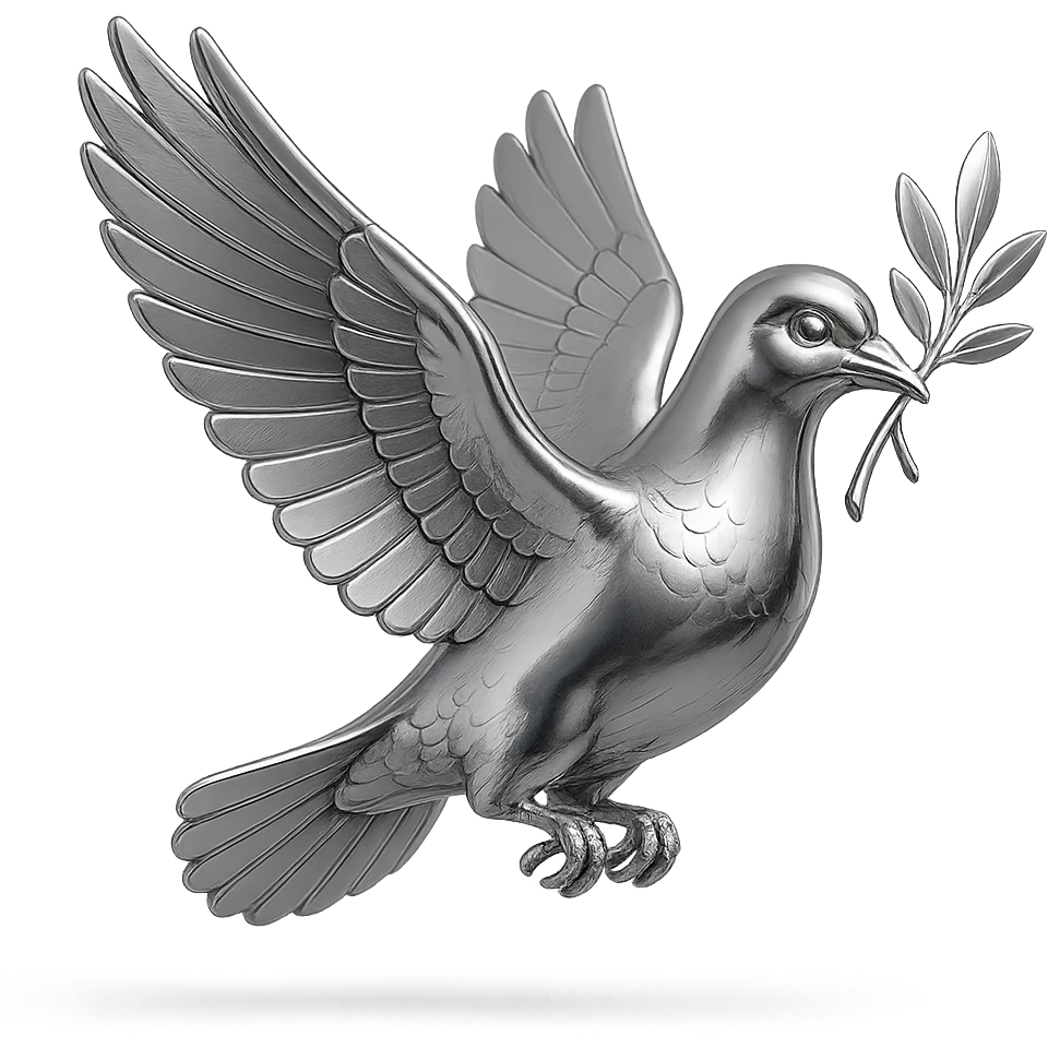 chrome style pigeon flying in profile with a branch in its beak, wings outstretched, highly reflective and metallic emoji