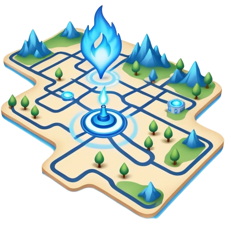 a map with a glowing blue flame on the x and networking paths... the x is far  emoji