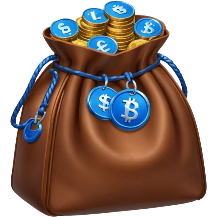 leather bag on top of blue coins stack emoji