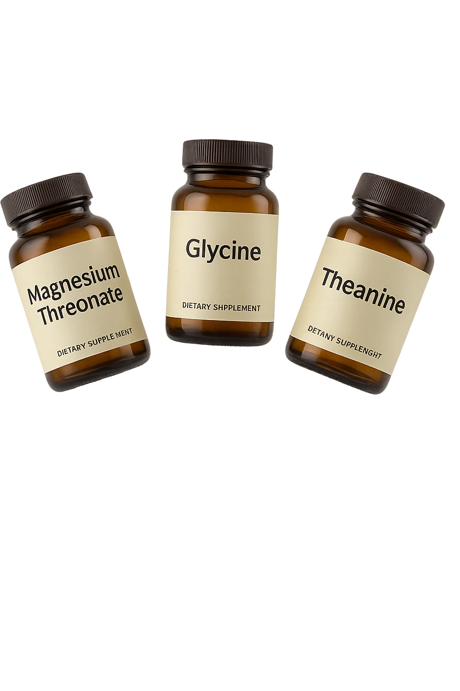 3 boccette di integratori: Magnesio Treonato, glicina, teanina, fluttuano in aria emoji
