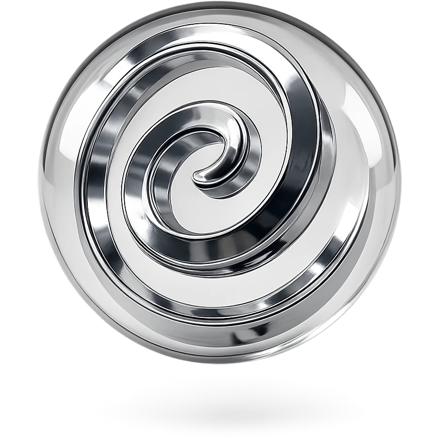 floating translucent orb with a shiny chrome spiral winding inside, chrome style emoji