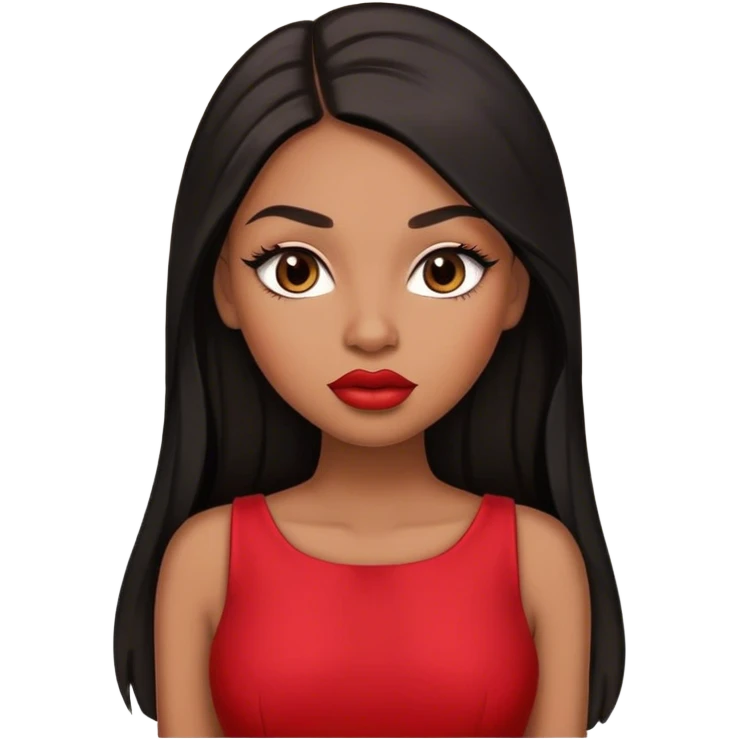 light brown skin tone, very beautiful woman, with big plump lips, long long lashes, black long straight hair, brown eyes, red dress emoji