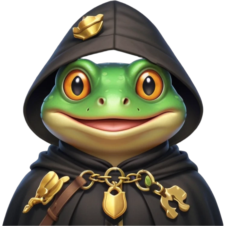 thief frog portrait, head and shoulders only, sly grin, dark cloak collar, mischievous burglar vibe, 3D cartoon, mobile game icon style, clean background, no text, no watermark
 emoji