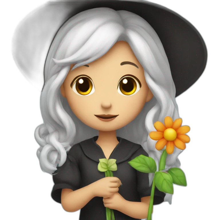 a cute little witch with a flower in her hand. emoji