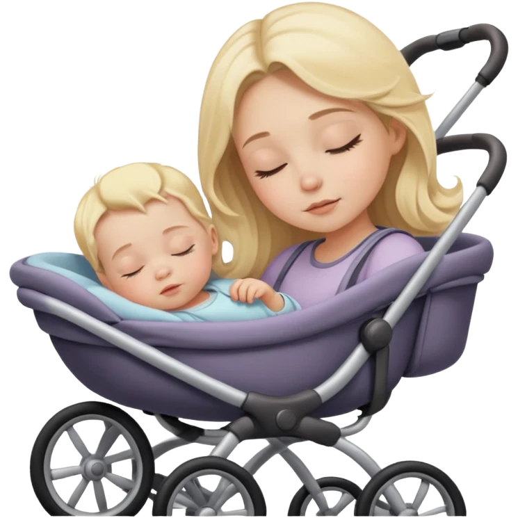 Poussette avec un bébé blond qui dort guider par sa maman blonde aux cheveux longs et aux yeux marrons  emoji