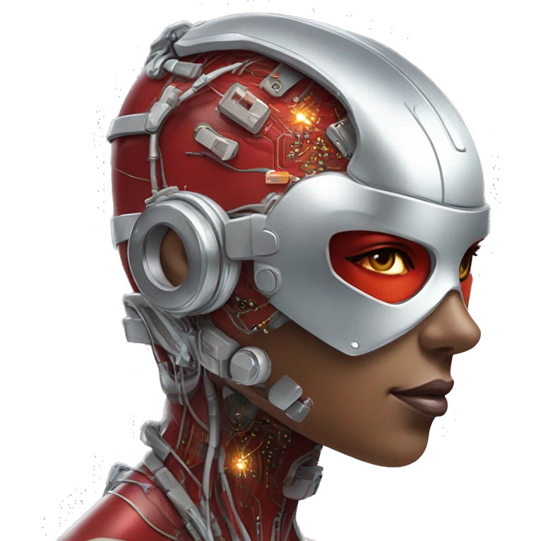 Red skin female cyborg head with silver goggles, silver circuits emoji
