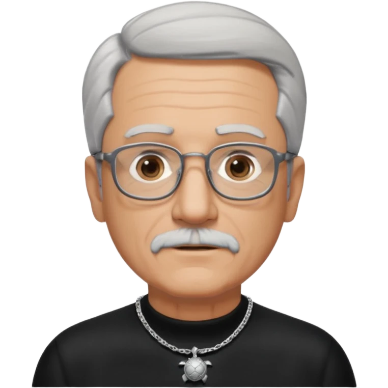 Tony Barceló is a strong, lively man in his 70s with short, neatly combed gray hair and a trimmed goatee. He has a broad face, square glasses, and a confident presence. He wears a black outfit with a silver turtle necklace, reflecting his thoughtful, creative energy as a writer. emoji