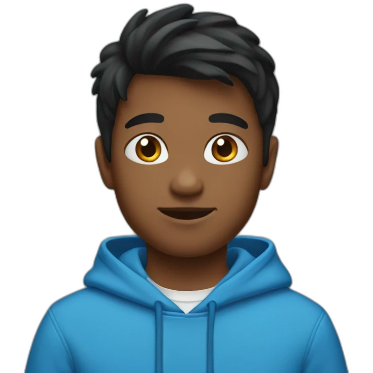 Kid with black mild hair wearing blue hoodie emoji