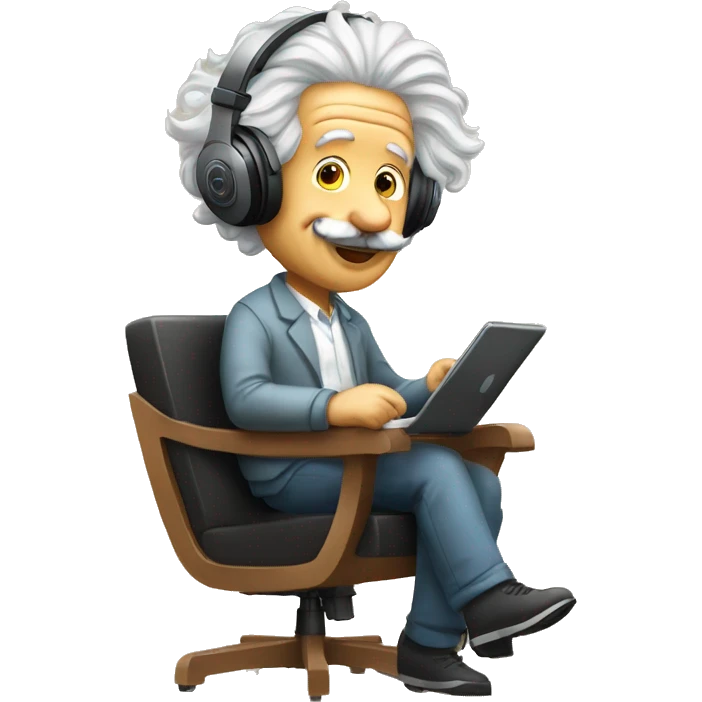 albert einstein happy listening music with wireless headphones while sitting on the chair emoji
