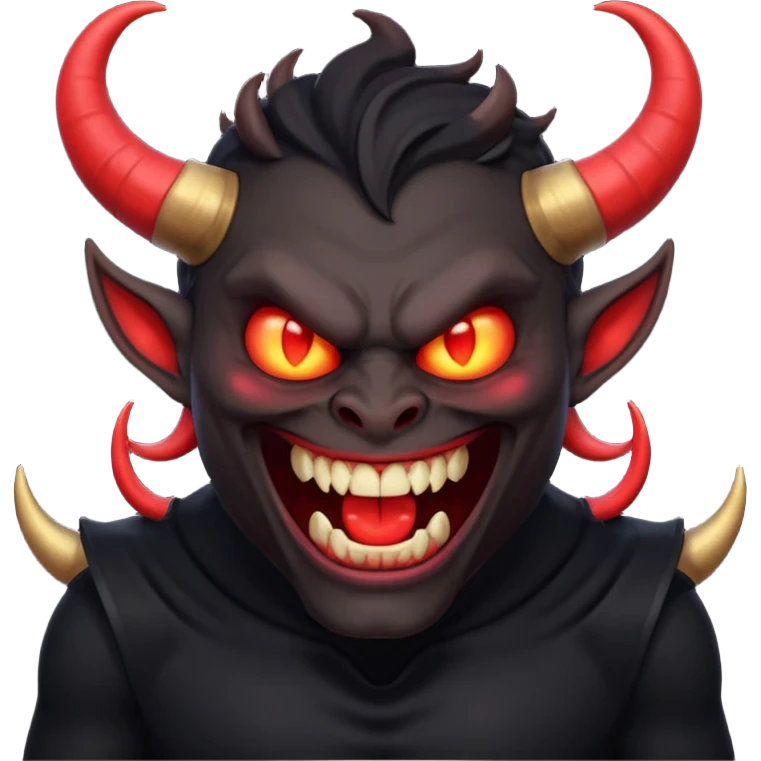 “Scary demon emoji, evil human-like laugh, black clothes, big curved horns, glowing red eyes, upper body visible till chest, dark mood, high detail, emoji style, clean background” emoji