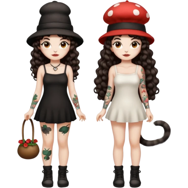 full body woman long curly brown hair brown eyes white skin tattoos black cat at feet, both wearing matching mushroom hats emoji