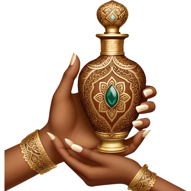 A mesmerizing close-up of henna-adorned hands delicately holding an ornate perfume bottle. The deep, intricate henna patterns beautifully contrast against the soft skin, while the luxurious gold-embellished bottle exudes opulence and tradition. emoji
