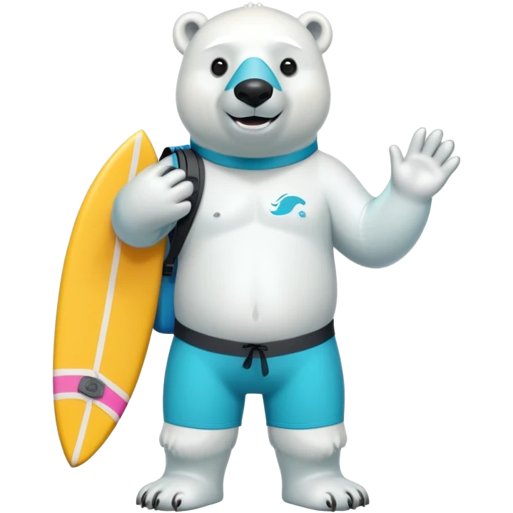 friendly anthropomorphised polar bear standing upright, smiling, wearing colorful surf board shorts and full scuba mask with snorkel emoji