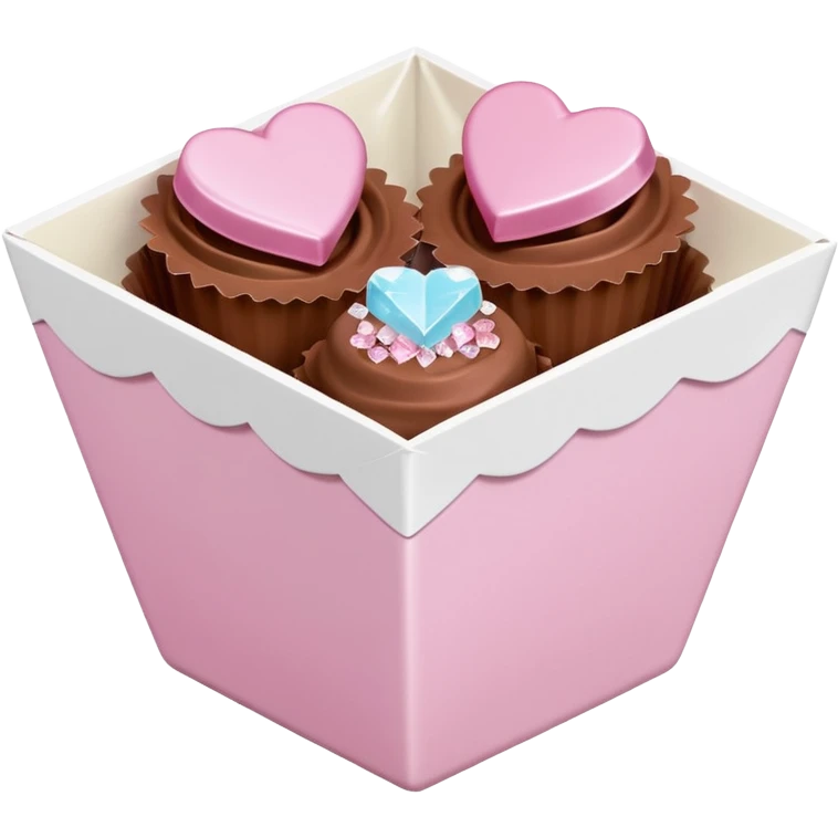 Two sharp-edged square milk chocolate pralines placed diagonally, each in a white fluted paper candy cup, with smooth glossy coating.
Flat thin pastel pink heart icing centered on top with subtle sugar crystal sparkle, clean studio lighting, pure white background, realistic minimal emoji-styleใ emoji
