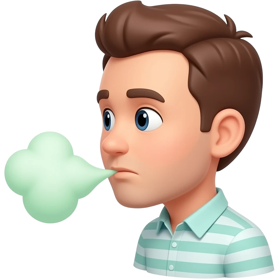 iPhone-style emoji of a cartoon man in side view, slightly bending and farting with a small green cloud behind him, simple flat design, rounded shapes, bright colors, clean Apple emoji style, transparent background, PNG. emoji
