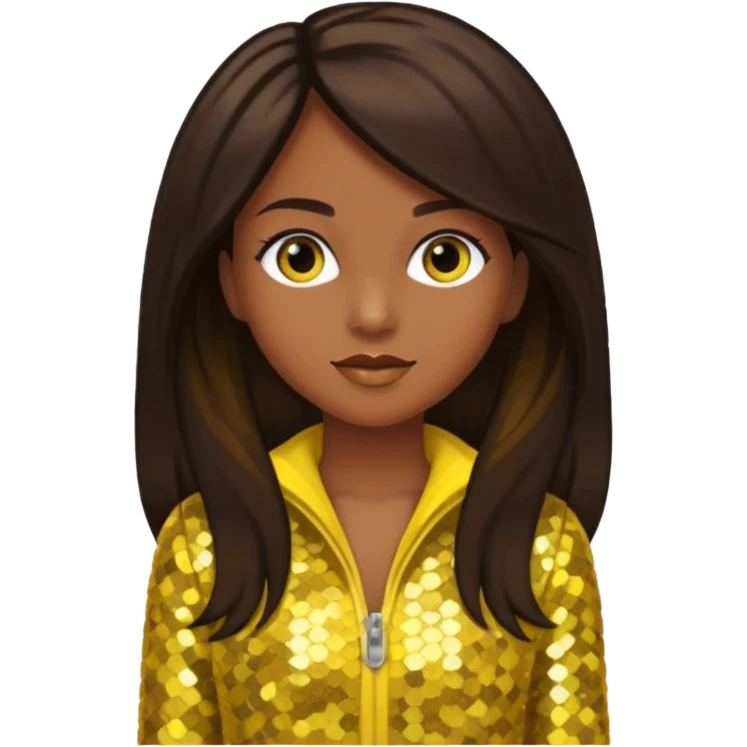 Sasha from Bratz with medium dark skin, long dark brown hair and yellow sequin outfit emoji
