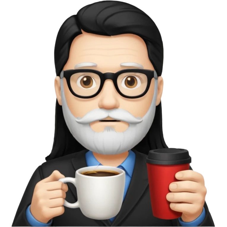 men with white bearded long black hair  with opticals  on holding coffee cup emoji