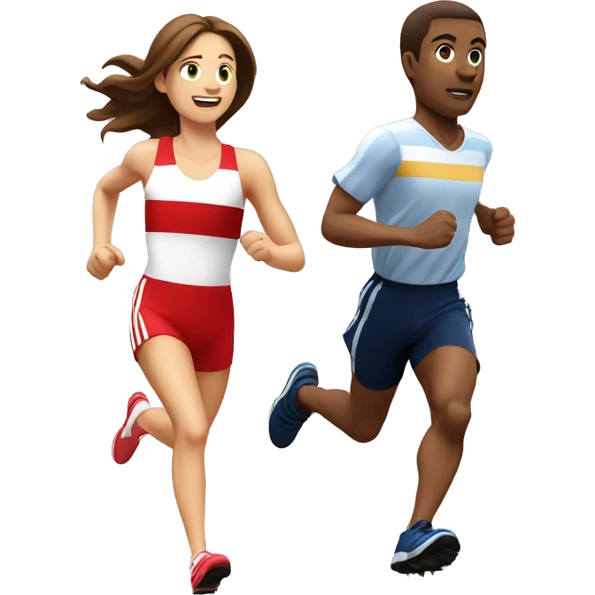 guy with brown hair wearing stripped red and white, running in cross country spikes chasing a girl with a shirt that says NCC track  emoji