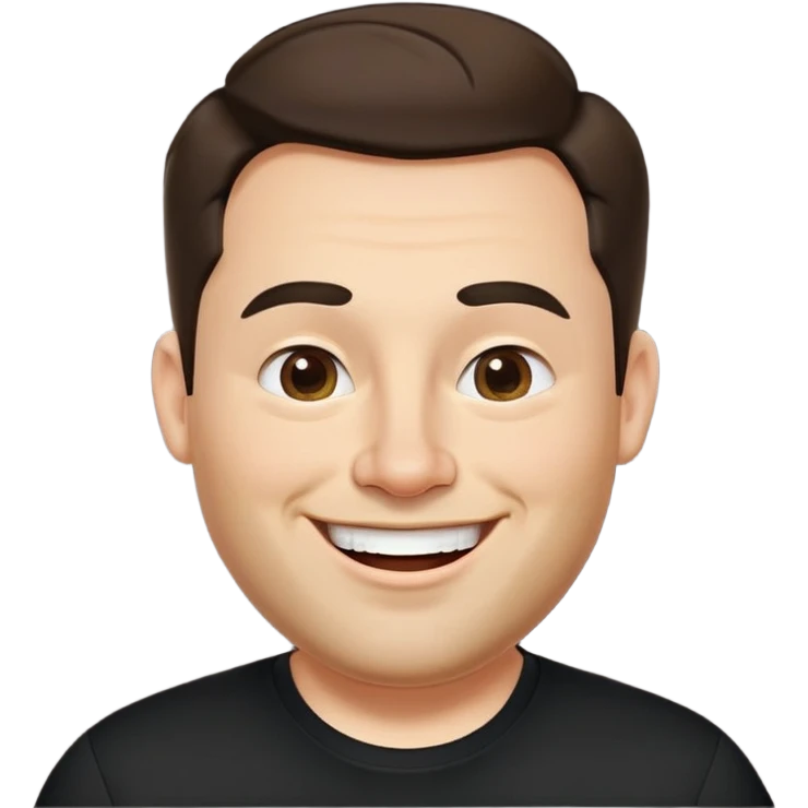 Fuller-figured businessman with light brown complexion, pear-shaped face with wider jawline, very friendly open expression, laughing smile, kind approachable eyes, thick eyebrows, wide nose, short neat beard, short dark hair, wearing a black shirt emoji