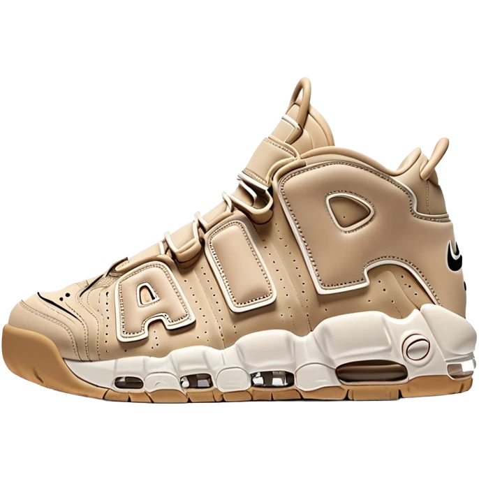 Minimalist beige Nike Air More Uptempo sneakers with one sneaker positioned behind the other, clean simple design with AIR lettering emoji