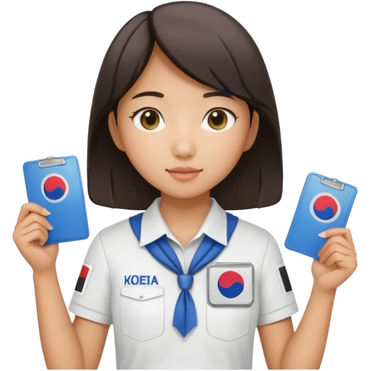 A young Asian guide holding her tour license in both hands, wearing a white shirt with the South Korea badge on her chest. emoji