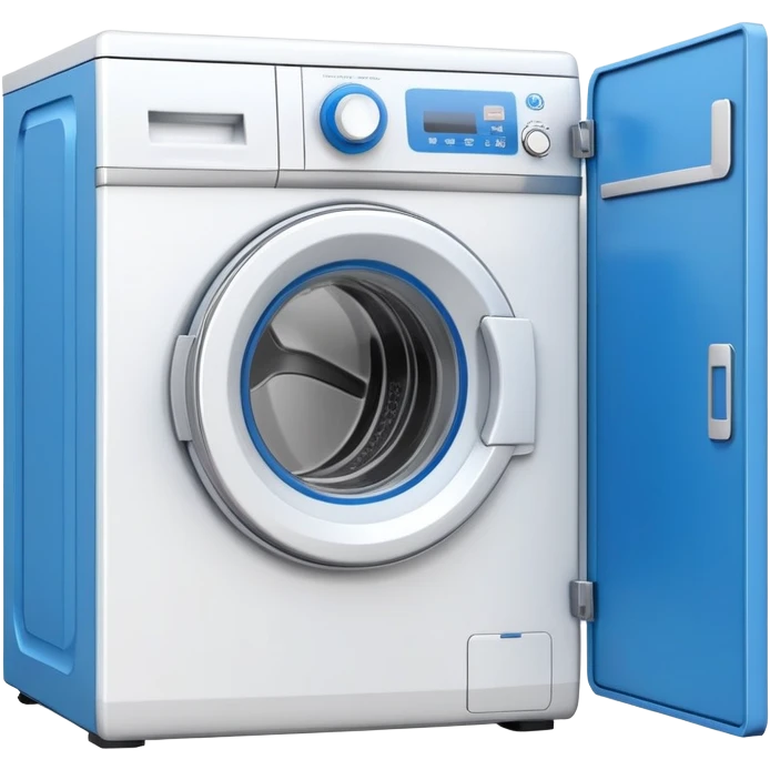 white washing machine with blue door and control panel emoji