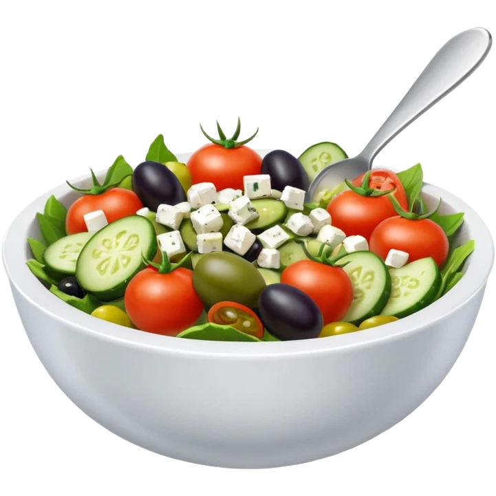 mediterranean salad bowl object icon, tomatoes, cucumbers, olives, feta cheese, olive oil dressing, 3D cartoon, mobile game icon style, clean background, no text, no watermark
 emoji