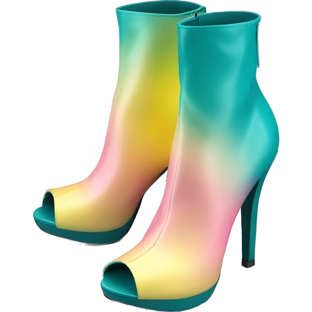 Realistic isolated top view of a pair of dark turquoise paste yellow and light pink ombre peep toe high heel ankle bootie boots.  emoji
