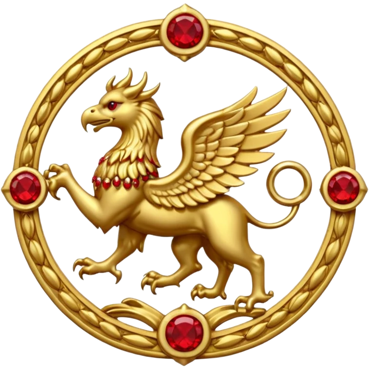 Golden griffin crest / brosch in a circle with red gems and no background emoji