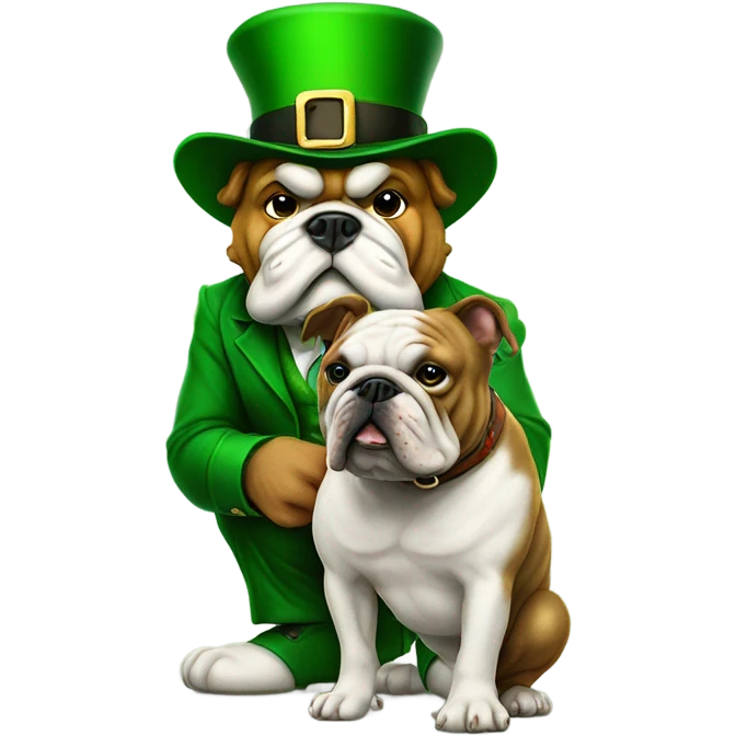 Leprechaun with one foot on a bulldog emoji