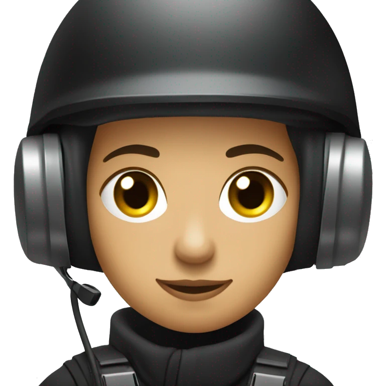 operator dressed in black with a milatary helmet, without glasses, wearing a headset, ready to respond to alerts, preferably female white emoji