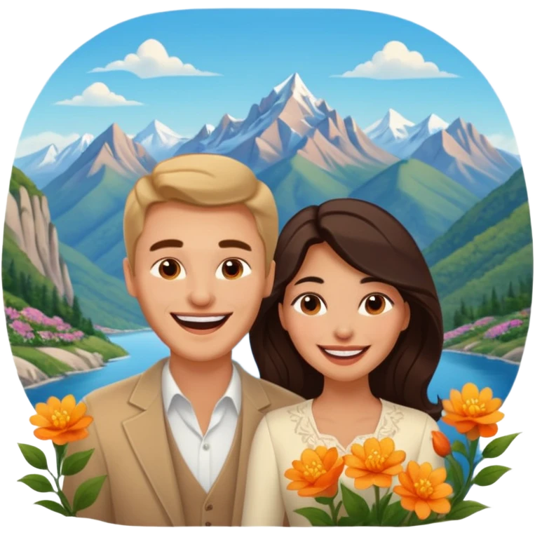 Couple  laughing traveling russian man and elegant  Latina girl delicate flowers and mountains in the background  emoji