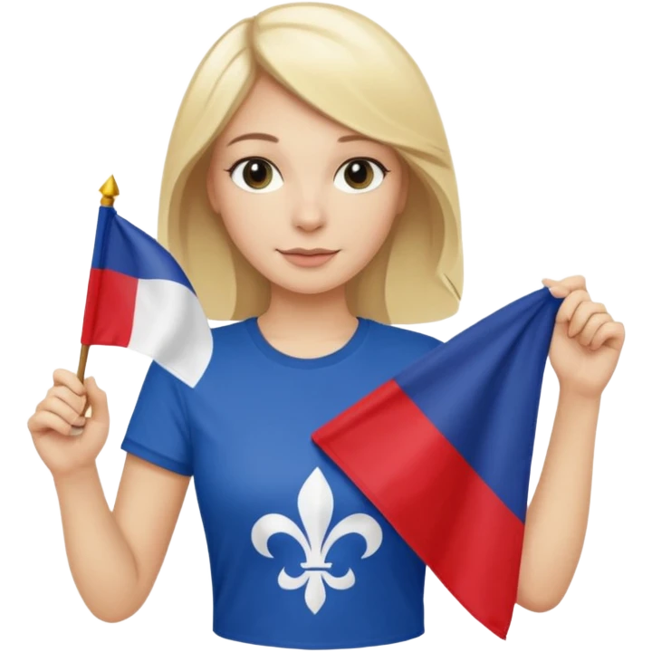 White woman with blonde hair holding a French flag in hand with a fleur-de-lily t-shirt emoji