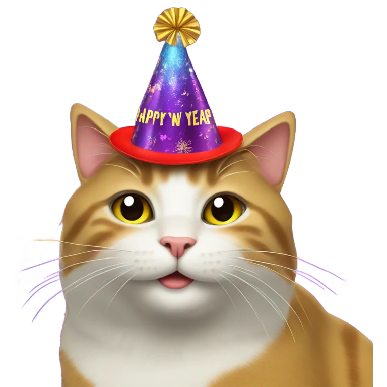Cat wearing new years eve Party hat with happy new year emoji
