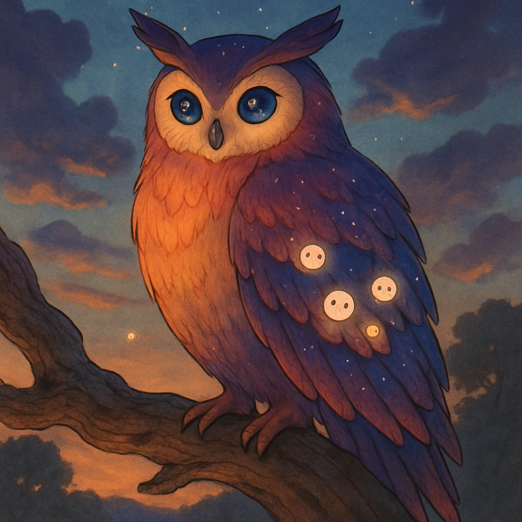 A majestic owl spirit companion perched on an ancient branch, with feathers that shimmer with colors of dusk, eyes that reflect the night sky with stars, small glowing spirit orbs nested in its wings emoji