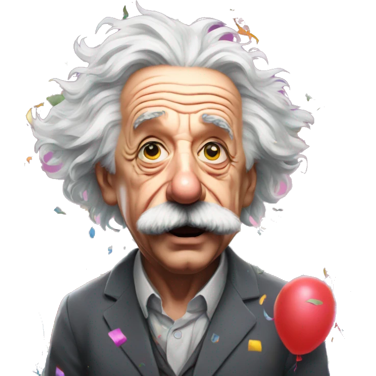 Angry albert einstein with lots of colourful confetti and party balloons emoji