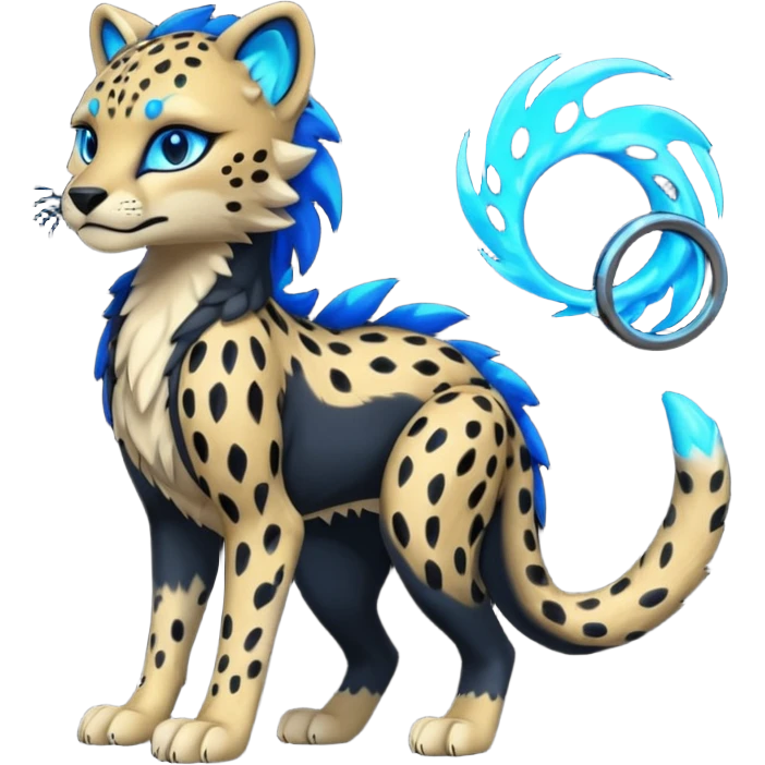 Obsidian-black fur body with neon-glowing-blue ring-markings Grem2-Gremz-Cheetah-Sergal-fusion, full body  emoji