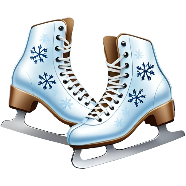An icon showing In the background, twinkling lights, winter trees, and cheering spectators create a festive atmosphere. a pair of elegant ice skates gliding across a smooth, frozen rink with snowflakes in the air. Transparent background highlights the grace and charm of ice skating. emoji