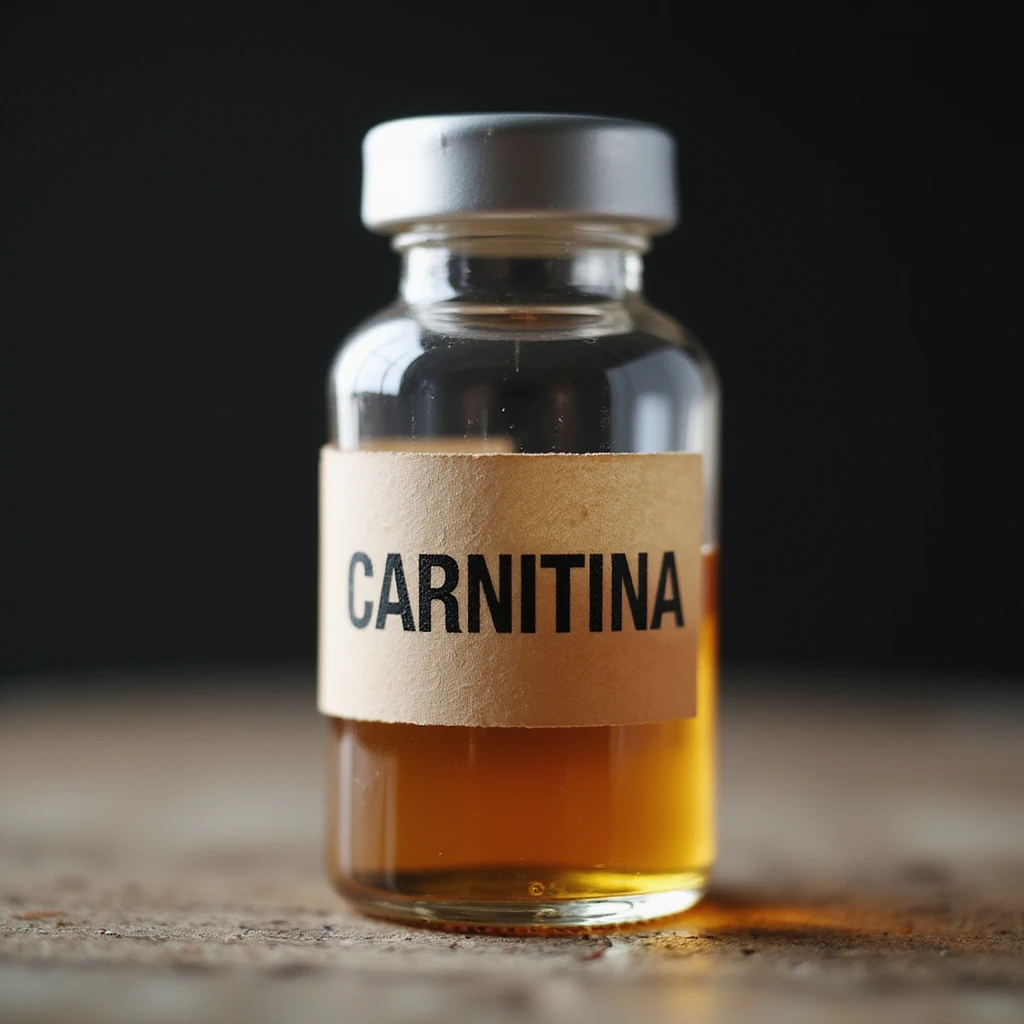 medicinal vial on neutral background, label with the word 'CARNITINA' in block letters, hyperrealistic 4K style emoji
