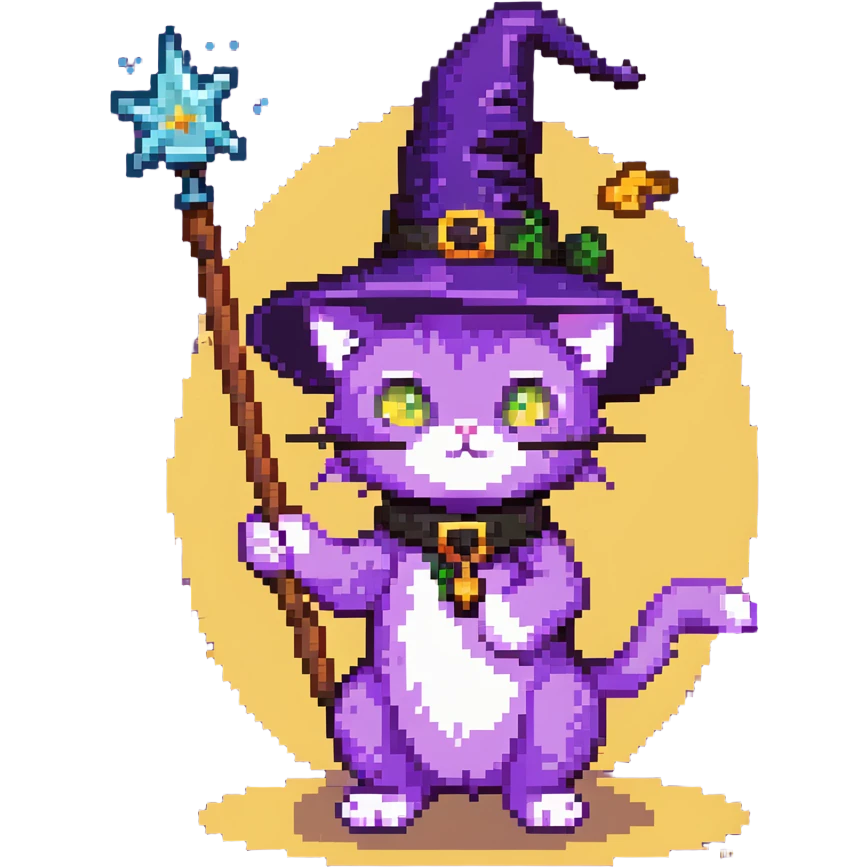 purple cat wearing a witch hat and holding a magic wand emoji